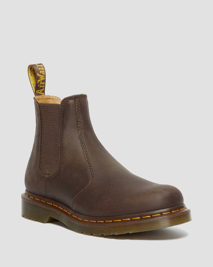 Dr Martens Chelsea Boots Dame Brune 2976 Yellow Stitch Crazy Horse Læder 9023XNHRD